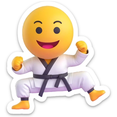 3D smiley emoji, round shape, wearing karate uniform, sporty face sticker