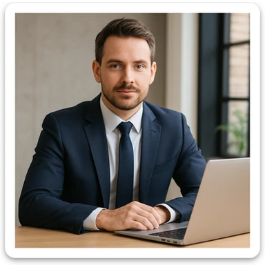 A 35-year-old male business coach sitting at a table with a laptop, professional and confident sticker