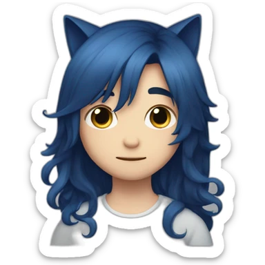 blushing shy, dark blue long hair, cat boy sticker