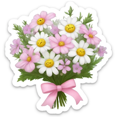 Bouquet of light pink and white different wildflowers tied with a pink bow  sticker