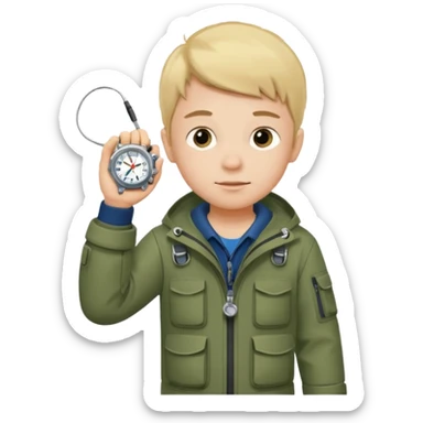 Boy in fishing suit looking at his wristwatch sticker