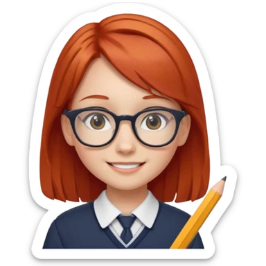 red hair girl kid with glasses → holding a pencil with school uniform sticker