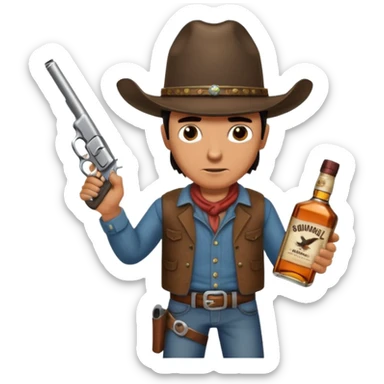 A rough and tumble cowboy with a 6 shooter and a bottle of whiskey. From the view of a bird looking down on the cowboy. Make the graphics dark and gritty in the style of your beeding skull art. sticker
