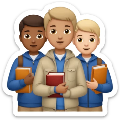 generate a group of 3 boys, all different looking.Holding books. one of them calling on a mobile sticker