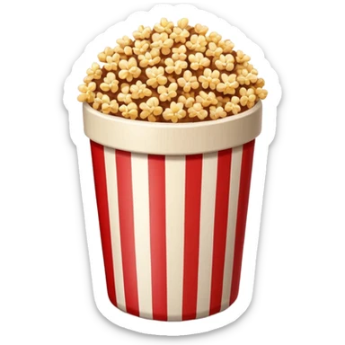 brown popcorn in a paper jar with red and white vertical lines sticker