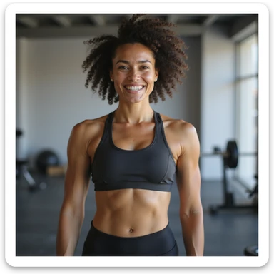 hyperrealistic 4K image of a woman showing fitness progress with a confident pose, athletic physique, satisfied smile, wearing sportswear sticker