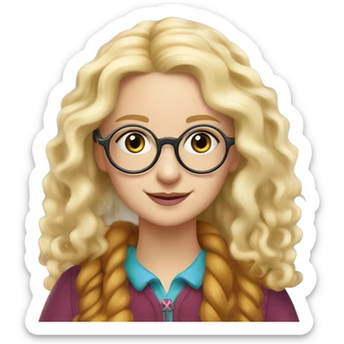 Generate Luna Lovegood a witch with long, wavy blonde hair. wearing round, radish-shaped glasses and a quirky outfit with a mixture of colors. Add a Luna Lovegood-inspired accessory like a butterbeer cork necklace,  sticker