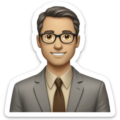 in front of a marker board Pale skinned fit man with dark brown hair in gray jacket, beige office shirt, brown tie, brown pants and vintage glasses. sticker