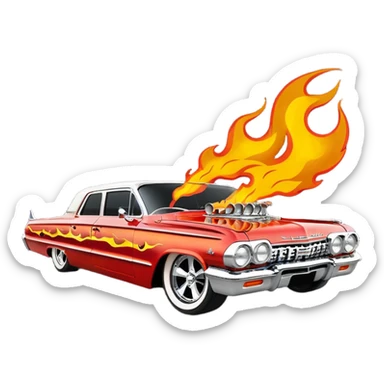 Satan’s streamlined Hot rod custom 1964 impala low rider four door themed painted hood flaming side-mounted under-door chrome exhaust pipes driving straight to hell  sticker