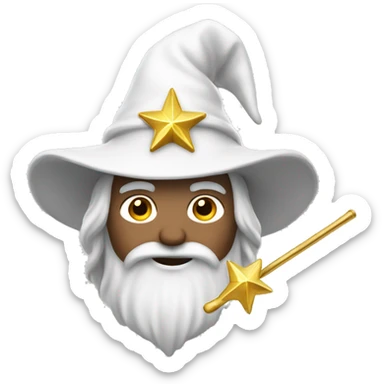 A wizard whose clothes are white and with gold decorations, whose hat is white and whose magic wand has a star at the tip.  sticker