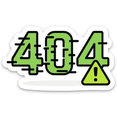Edit the 404 icon in neon green and black in color outline icon style. Add a glitch effect. Add a warning triangle. Make the numbers more glitchy. Add a shadow effect. sticker