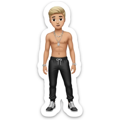 Justin Bieber with metallic black pants, shirtless with necklace sticker