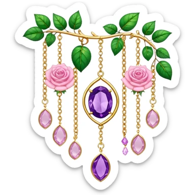 Hanging suncatcher, gold chains with shiny sparkly amethyst and rose-quartz gemstones, roses, beautiful leaves, gorgeous aesthetics sticker