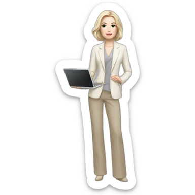 pale skin woman with ash blonde Straightened bob Hair, White Spacious classical jacket, beige palazzo Arrow pants and gray blouse holding a MacBook in the hands sticker