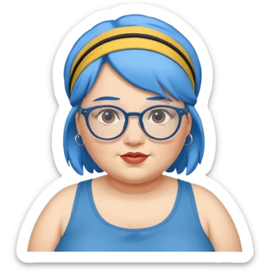 fat woman with blue hair and glassess and headband sticker