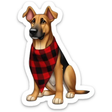 75% Coonhound 25% German Shepherd mix dog wearing small pointed red buffalo plaid bandana side view full body facing left sticker