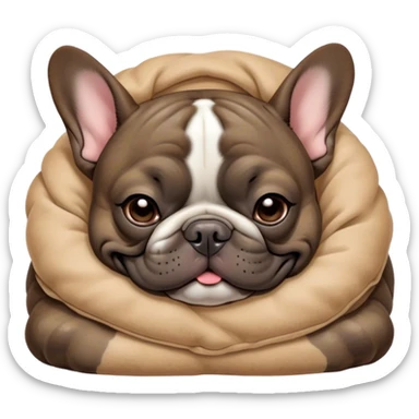 Cinematic Meme-Worthy Chubby Sleeping Brindle French Bulldog Portrait Emoji, Head resting peacefully with a contented smile, showcasing a delightfully chubby build and a luxuriously soft brindle coat with subtle fawn highlights, eyes shut in a serene nap, Simplified yet hilariously adorable features, highly detailed, glowing with a soft, drowsy light, high shine, relaxed and utterly lovable, stylized with an air of playful laziness, bright and heartwarming, soft glowing outline, capturing the essence of a comically sleepy companion, so meme-worthy it feels like it could instantly become the next viral sensation of adorable slumber! sticker