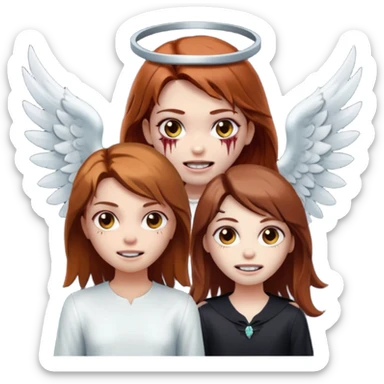 девушка ангел с нимбом и крыльями, с рыжими прямыми волосами по плечи, с улыбкой, стоит рядом с девушка зомби с темными длинными прямыми золосами, со злым выражением лица и ровными белыми зубами в стиле Apple avatar sticker