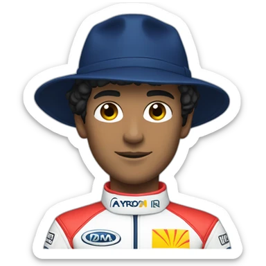 Aytron senna in a dark blue hat and red racing suit sticker