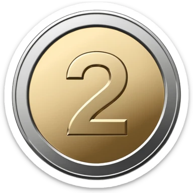 Emoji icon of a metal coin with engraved number 2, minimalist style, isolated, only metal color sticker