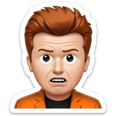 Mirrored Rick Astley with a kinda worried face, but only his front teeth are sticking out, the background is pitch black, Mirrored Rick Astley is orange as hell, except his face is dark orange, and his clothes are orange sticker