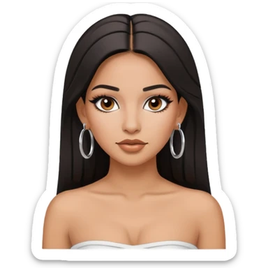 latina makeup olsun, saçları düz, halka küpeler taksın. takıların hepsi gümüş rengi olsun halka küpeler ve kolye dahil. makyajı ağır olsun ve beyaz bir Bandeau top kıyafet giyisin sticker