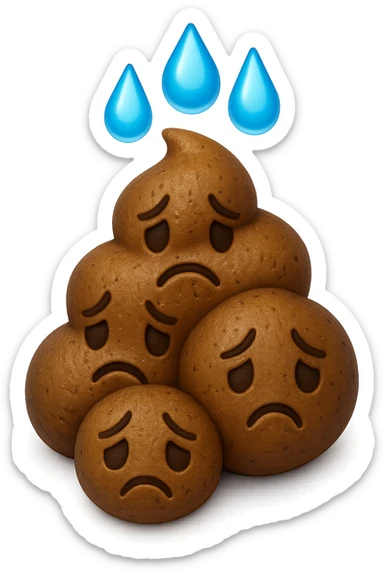 emoji stile iphone di una montagnetta di feci umane realistiche a palline tristi con sopra un simbolo delle gocce di acqua, iperrealistico 4k sticker