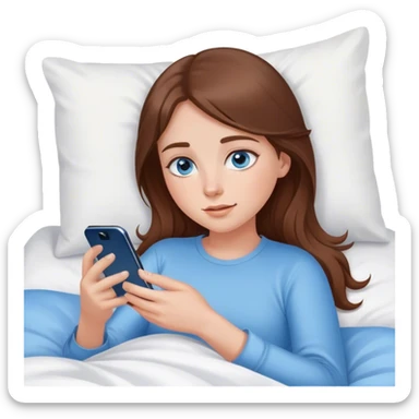 White girl brunett blue eyes, laying In bed using her phone sticker