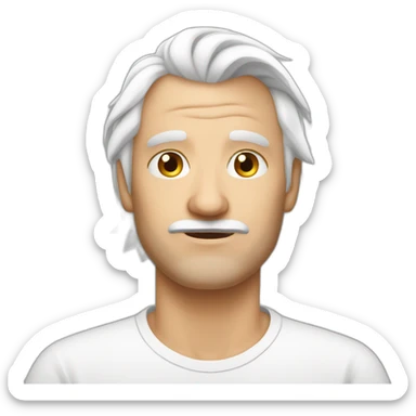 Insecure european shaved guy in his fifties with mid long white hair wearing a shirt sticker