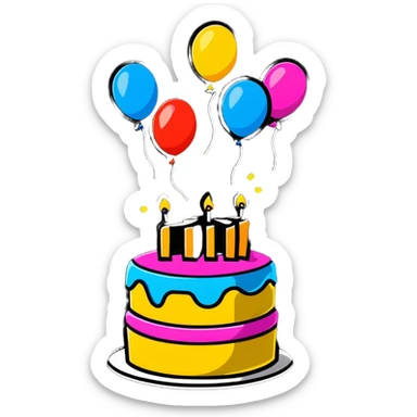 festive party celebration with balloons, confetti and cake sticker