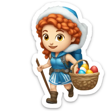 Greek Female winter mountaineer red hair white skin climbing with Greek Flag and Easter eggs basket sticker