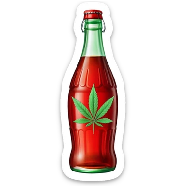 Classic Coca-Cola shaped glass bottle with curved contours, red color, with a cannabis leaf sticker