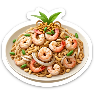 Cinematic Realistic Pad Thai Dish Emoji, depicted as stir-fried rice noodles with shrimp, tofu, peanuts, and bean sprouts rendered with vibrant textures and dynamic, appetizing lighting. sticker
