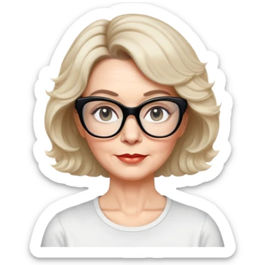 white woman about 50 years old with light warm skin, wide face, wavy black neck-length 80s short hair, low volume, neutral expression, large black shiny butterfly or cat-eye glasses, white casual t-shirt sticker