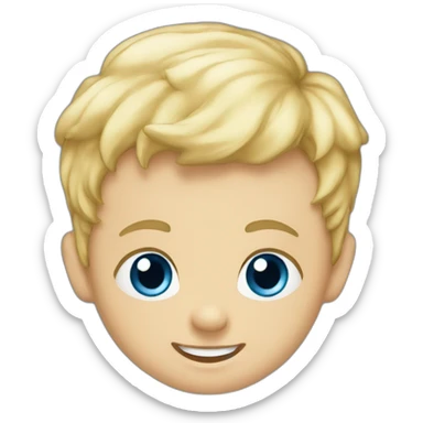 A baby boy with blonde hair, blue eyes and a blue t-shirt and with teeth sticker