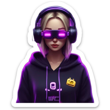 Russian girl wearing a black hoodie with "OMG" letters on it and VR headset in a cyberpunk VR environment with violet neon lighting. sticker