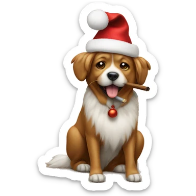 fluffy dog on wooden floor wearing Christmas hat smoking a cigar sticker
