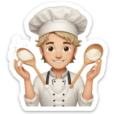 Attractive chef boyfriend with messy apron, tousled hair, playful smile. flour on cheeks, romantic sticker