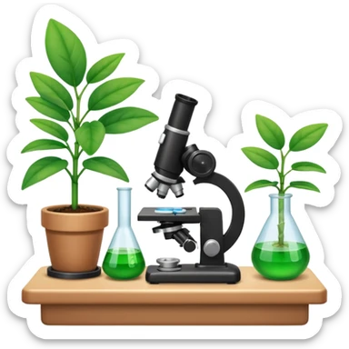 FA 3D cartoon science lab table with test tubes, microscope, and a small potted plant, green leaves under bright light, clean background, realistic Memoji-style rendering. sticker