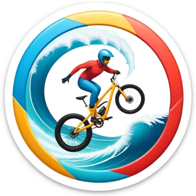 A bold, dynamic emblem combining elements of extreme sports like a mountain, a bike, surfing, ocean and a parachute, all within a circular or shield-like shape. The design conveys speed, adventure, with sharp lines and vibrant colors representing the thrill and intensity of extreme sports. sticker