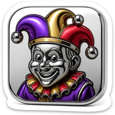 crazy colorful cute little cat jolly joker from poker, medieval, vintage, court jester, mac os icon, purple, gold and red color, half body. Squared shape as 3D mac os icon sticker