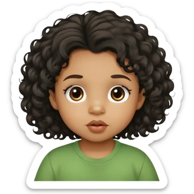 light brown skin tone, very adorable toddler, with big plump lips, long long lashes, black curly hair, middle hair parting, brown eyes, green shirt sticker