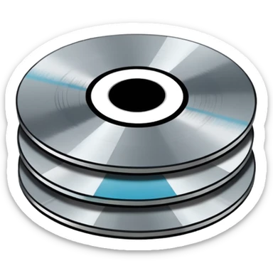 Minimalist emoji-style sticker of a small stack of DVD discs, one cracked, one with burn marks. Top-down view, grayscale and muted tones, flat design, no text. sticker