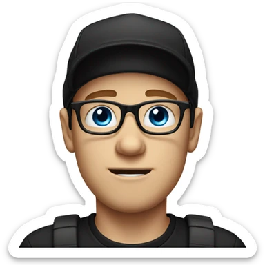 White male wearing glasses and black cap in a black t-shirt and blue eyes crying sticker