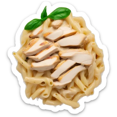Chicken Alfredo pasta with white crème sauce and grilled chicken on top sticker