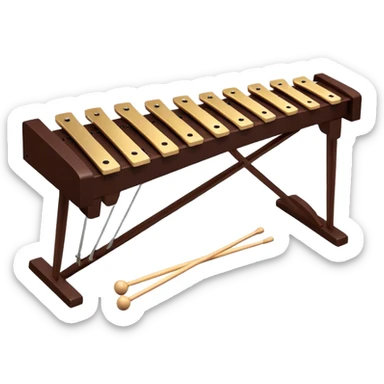 Create a detailed and professional emoji representing a Fleet FLT-SX37 orchestral wooden xylophone. The design should showcase the large, wooden bars of the xylophone arranged in a traditional layout, with a polished, smooth finish. The bars should be dark brown or mahogany, with soft metallic reflections on the resonators underneath. Include two mallets with rubber or wooden heads resting on the bars, emphasizing their role in striking the notes. The xylophone should have a sophisticated and professional appearance, with clean lines and a polished look. Add subtle musical notes or sound waves to represent the vibrant sound produced by the instrument. The background should be transparent. sticker