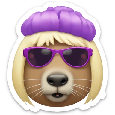 capybara wearing a purple tutu with pink sunglasses, red lipstick and blonde wig sticker