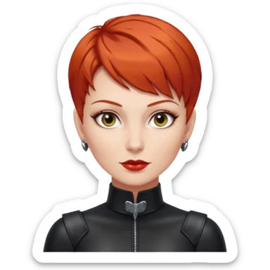 capelli corti di colore rosso, tagliati leggermente sopra le spalle e con una chioma piena e ben curata. Ha la carnagione chiara, Ha lo sguardo fiero e sicuro di sé ed una personalità dominante ed un abbigliamento da mistress sticker