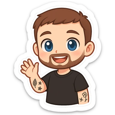 cute chibi cartoon-style male character, front-facing, short brown hair, neatly trimmed short beard, large blue eyes, smiling, waving with right hand, visible tattoos leaf star flower on left arm, wearing simple black t-shirt, smooth shading, clean lines sticker
