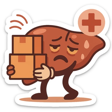 cartoon liver carrying boxes, tired face, healthcare icon, soft red and brown tones sticker